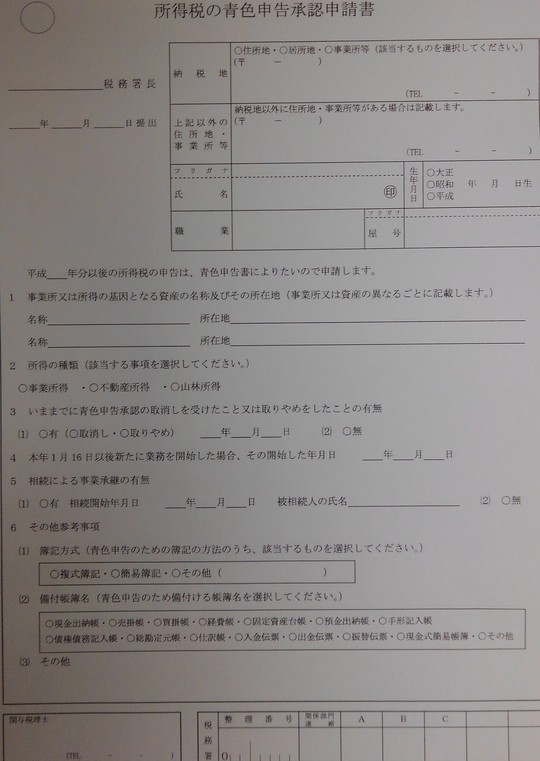 青色申告承認申請書の写真