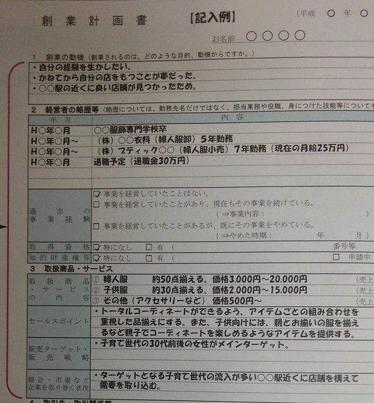 週末起業・副業をしたい人のための創業計画書の記入例